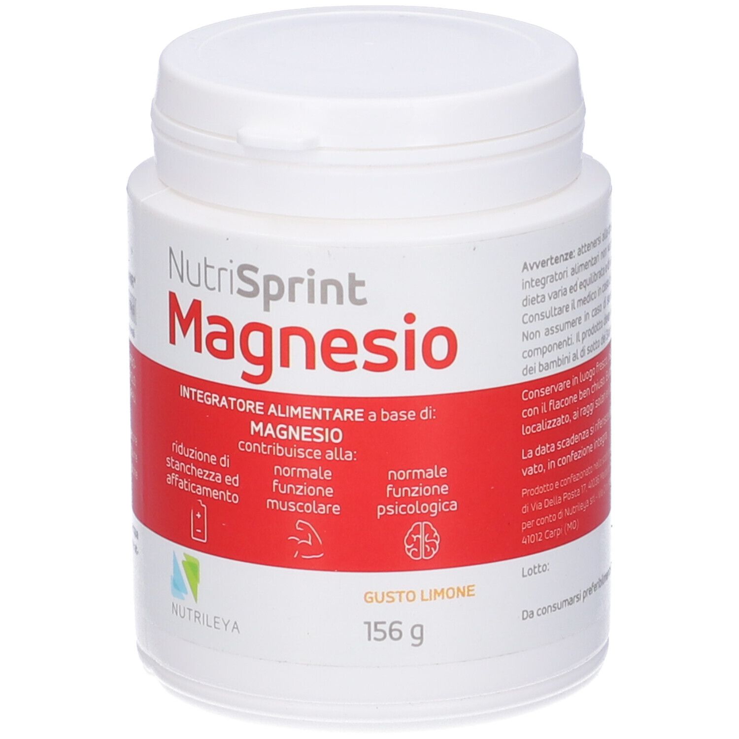 Barattolo bianco con fascia rossa. Scritta: Nutrisprint Magnesio, 156 g, Gusto Limone.