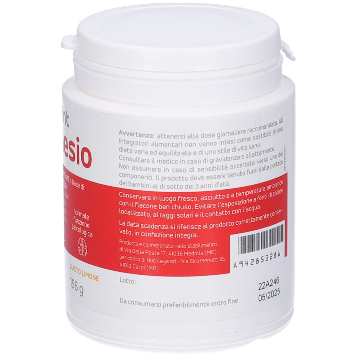 Barattolo bianco con fascia rossa. Testo: Numero di lotto, data di scadenza. Scritta: Nutrisprint Magnesio, 156 g.
