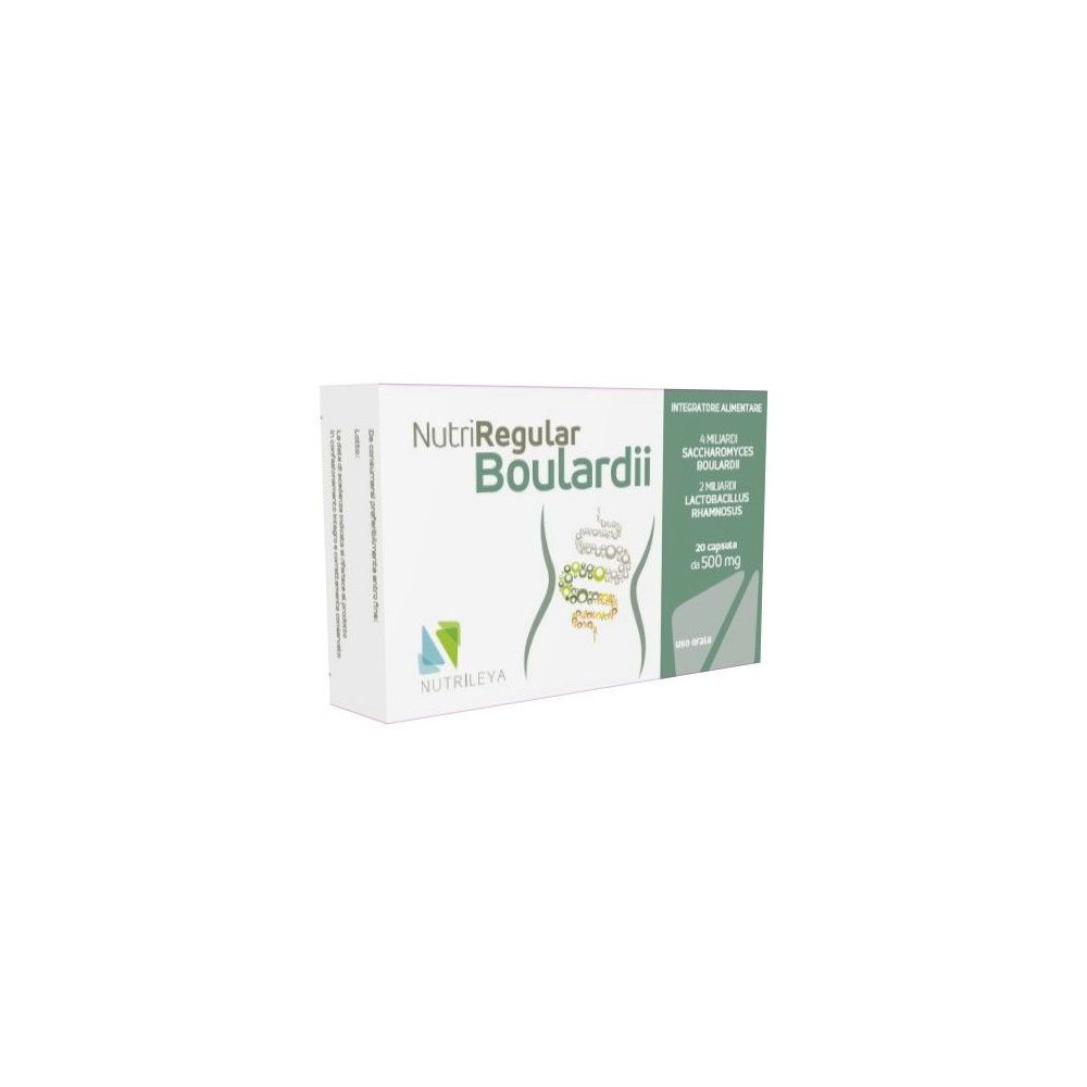 Scatola bianca con nome del prodotto e illustrazione dell'intestino. Testo: NutriRegular Boulardii.