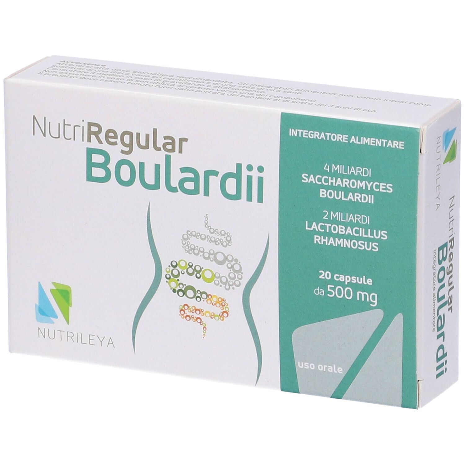 Scatola bianca, nome prodotto NutriRegular Boulardii. Contiene 20 capsule. Informazioni su ingredienti e dosaggio.