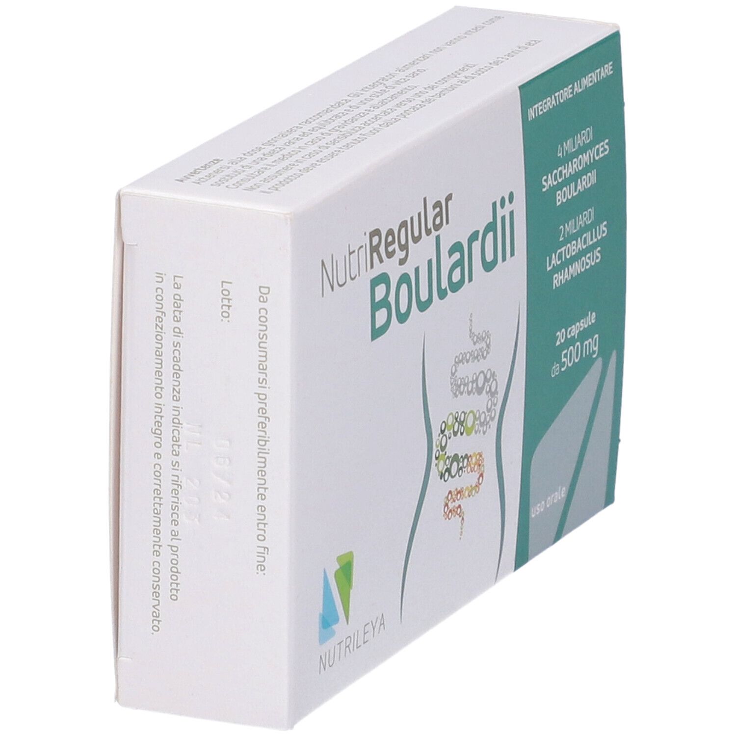 Scatola, nome prodotto NutriRegular Boulardii. Contiene 20 capsule. Informazioni su ingredienti e dosaggio.