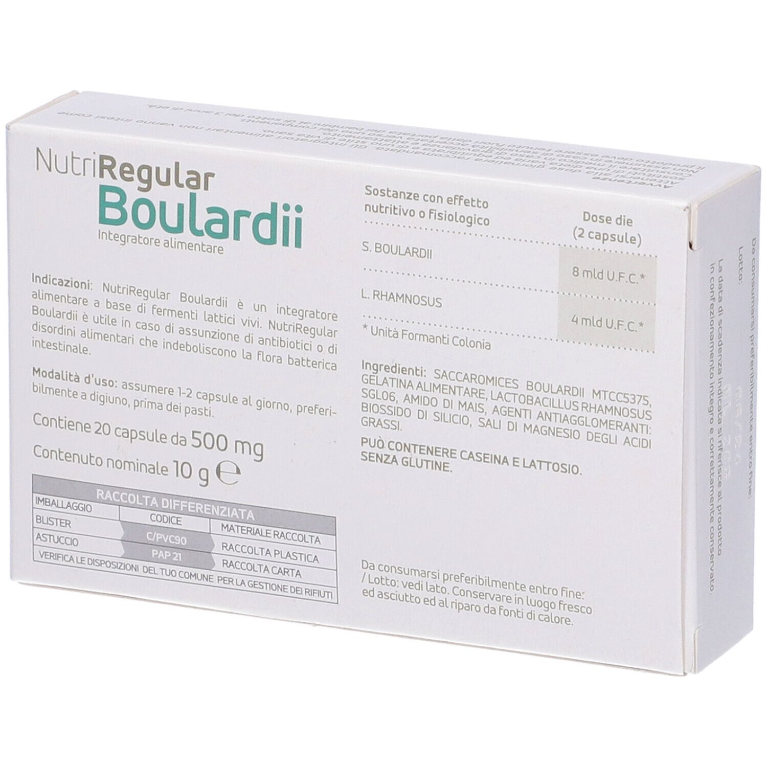 Retro della scatola, nome prodotto NutriRegular Boulardii. Informazioni su ingredienti, dosaggio e ingredienti.