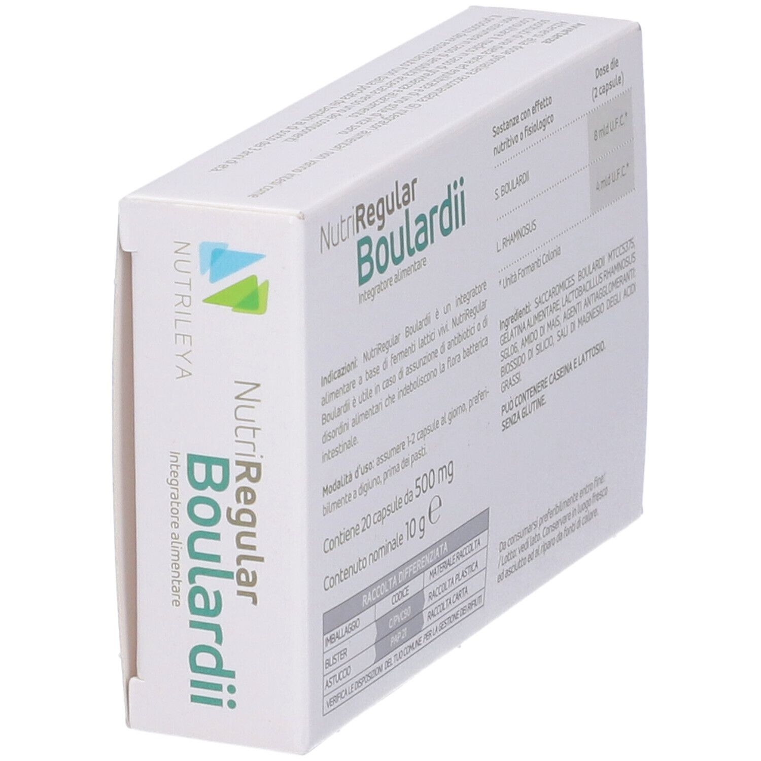 Scatola, nome prodotto NutriRegular Boulardii. Informazioni su ingredienti, dosaggio e ingredienti.