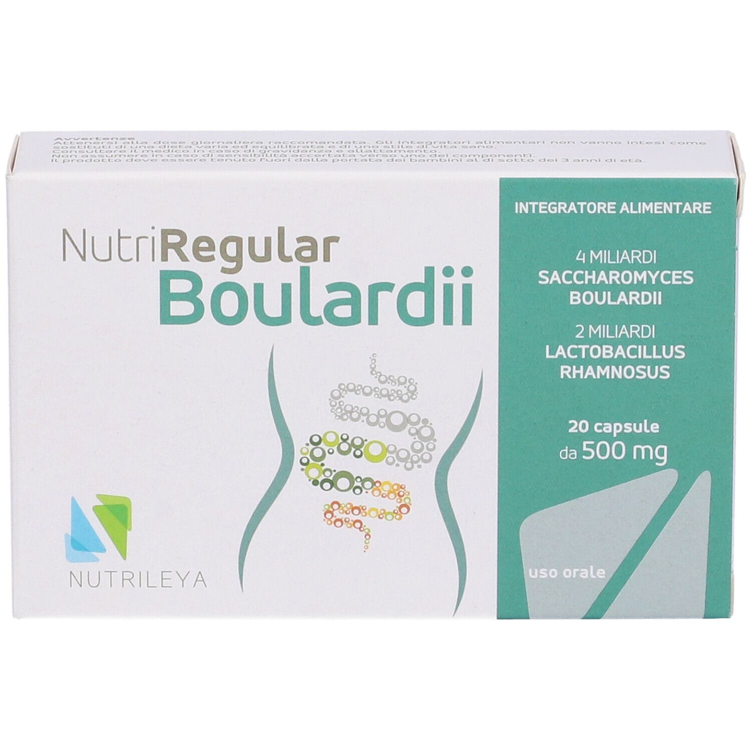 Scatola bianca, nome prodotto NutriRegular Boulardii. Contiene 20 capsule. Informazioni su ingredienti e dosaggio.
