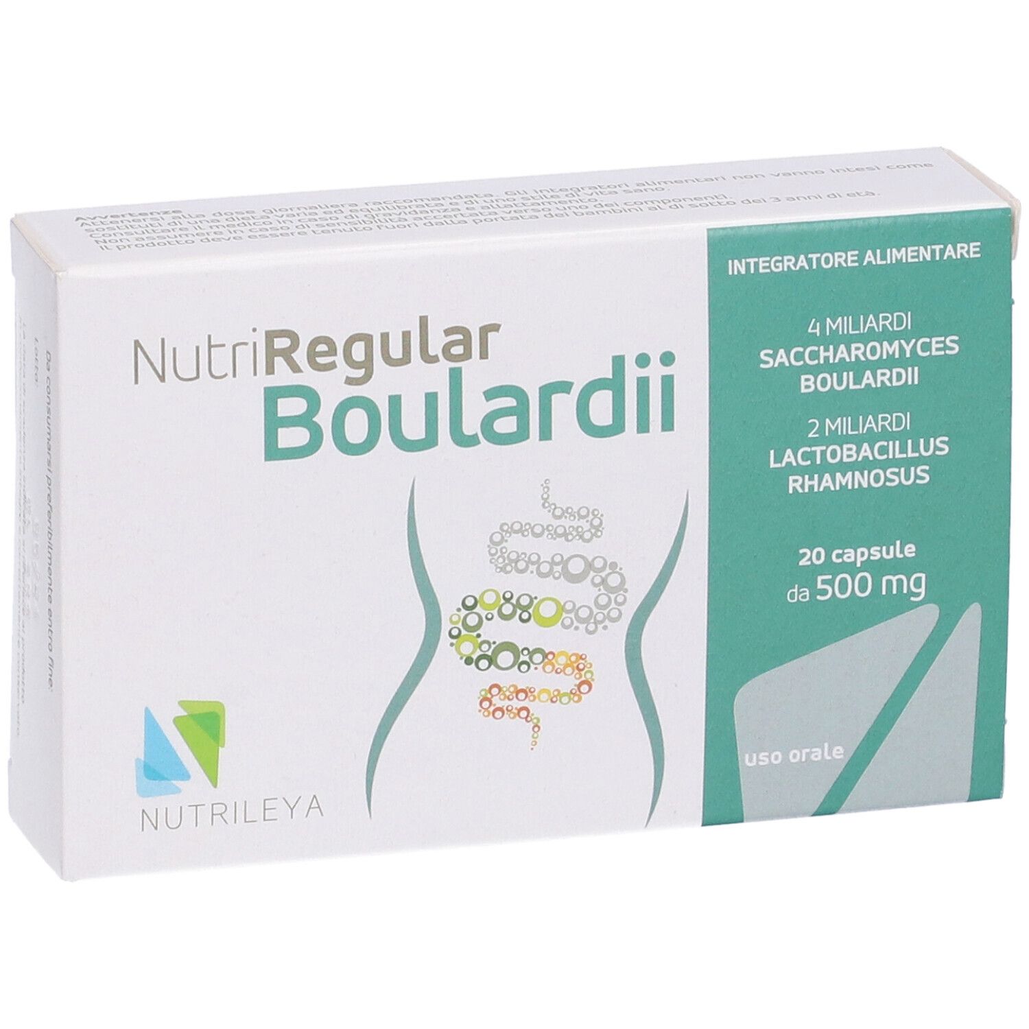 Scatola bianca, nome prodotto NutriRegular Boulardii. Contiene 20 capsule. Informazioni su ingredienti e dosaggio.