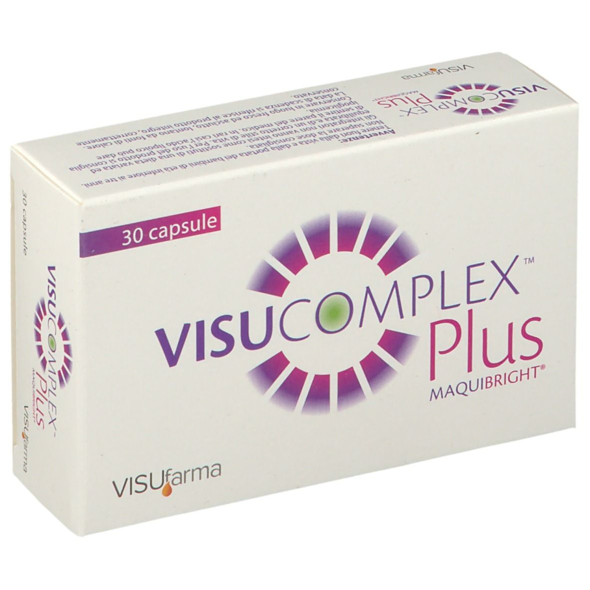 Scatola bianca VISUCOMPLEX Plus, 30 capsule. Scritta MaquiBright. Logo VISUfarma in basso a sinistra.