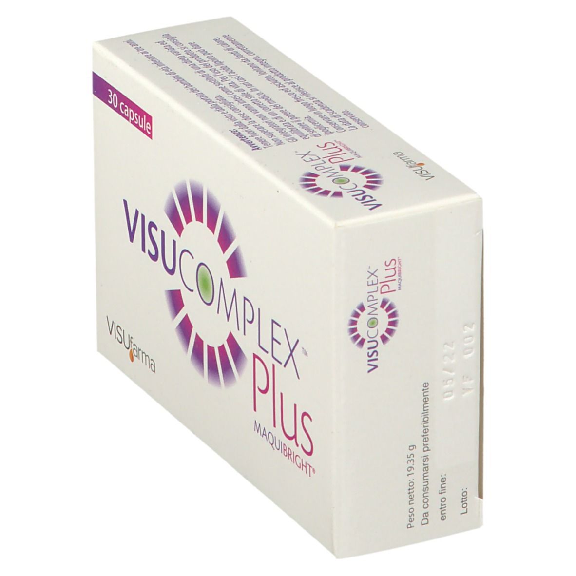 Scatola bianca inclinata VISUCOMPLEX Plus, 30 capsule. Scritta MaquiBright. Logo VISUfarma.