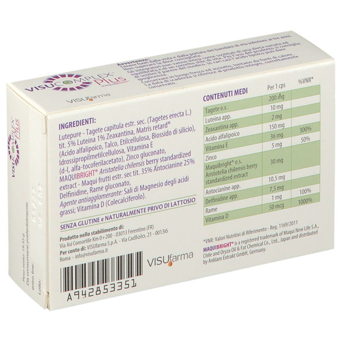Retro della scatola VISUCOMPLEX Plus. Elenco ingredienti e informazioni nutrizionali. Logo VISUfarma e altre informazioni.