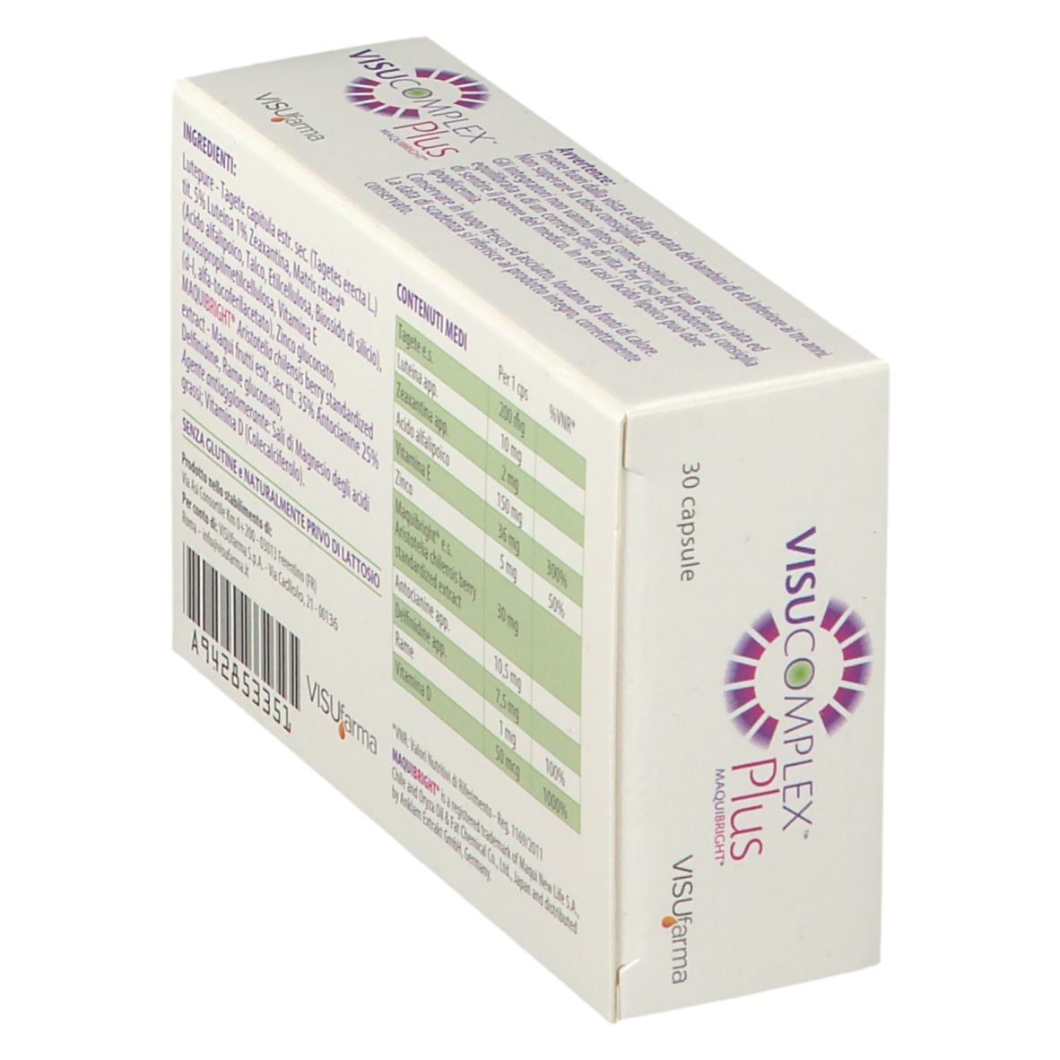 Scatola VISUCOMPLEX Plus inclinata. Elenco ingredienti e informazioni nutrizionali sul retro. 30 capsule.