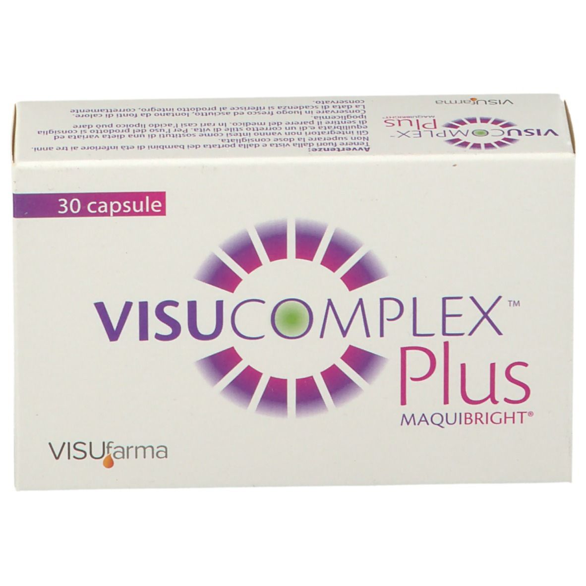 Scatola bianca VISUCOMPLEX Plus, 30 capsule. Scritta MaquiBright. Logo VISUfarma in basso a sinistra.