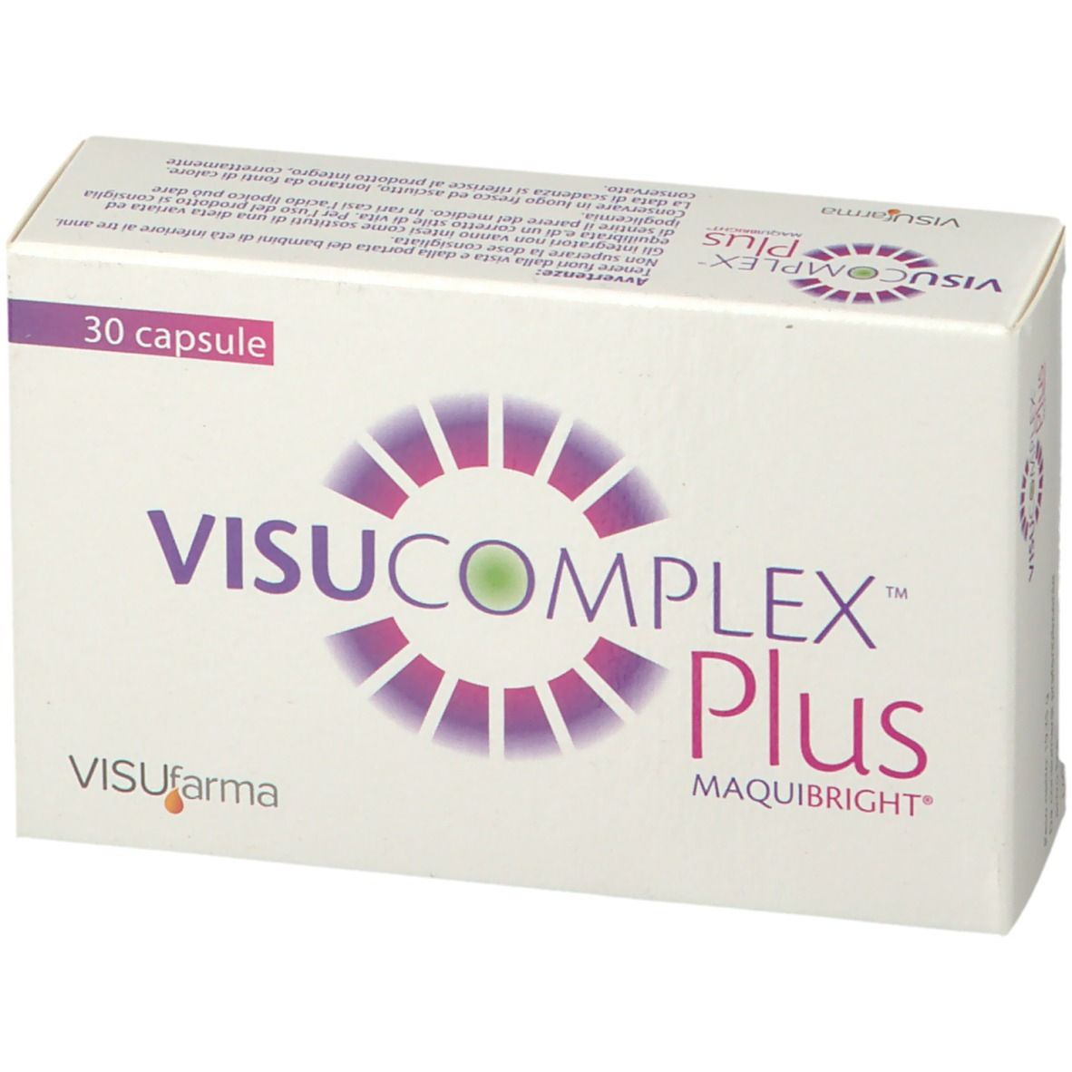 Scatola bianca VISUCOMPLEX Plus, 30 capsule. Scritta MaquiBright. Logo VISUfarma.