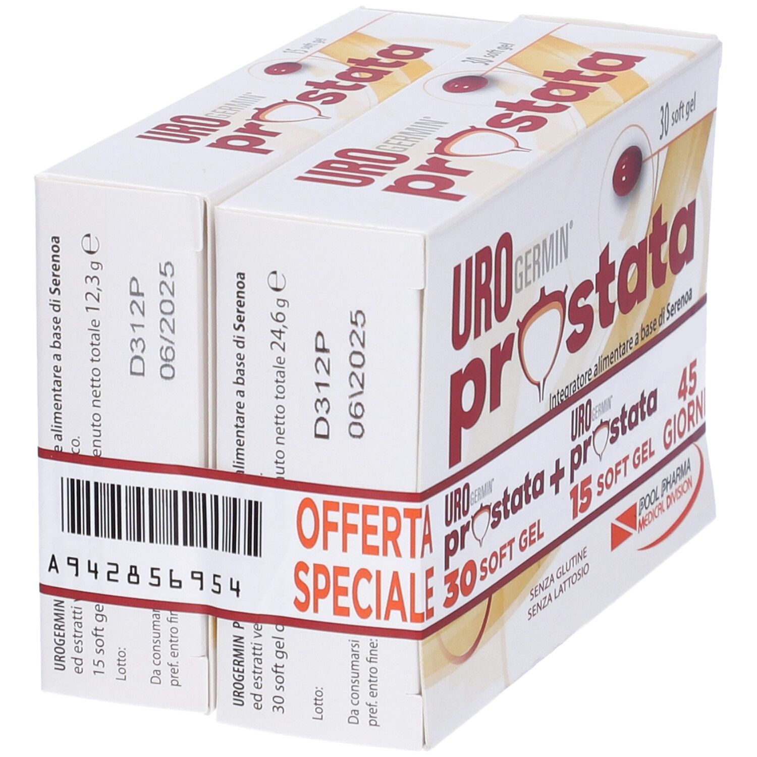 Confezione Urogermin Prostata con 30 e 15 softgel. Scritto 'Offerta Speciale'. Testo italiano. Codice a barre e data di scadenza.