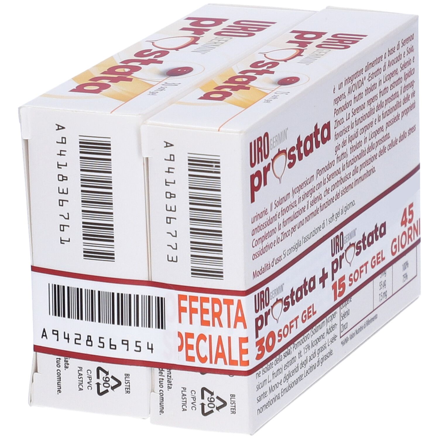 Confezione Urogermin Prostata con 30 e 15 softgel. Scritto 'Offerta Speciale'. Testo italiano. Codice a barre e data di scadenza.