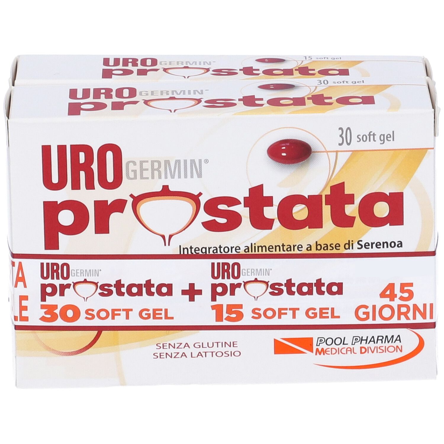 Confezione di Urogermin Prostata con 30 e 15 softgel. Testo in italiano. Scritto: Senza glutine, senza lattosio.