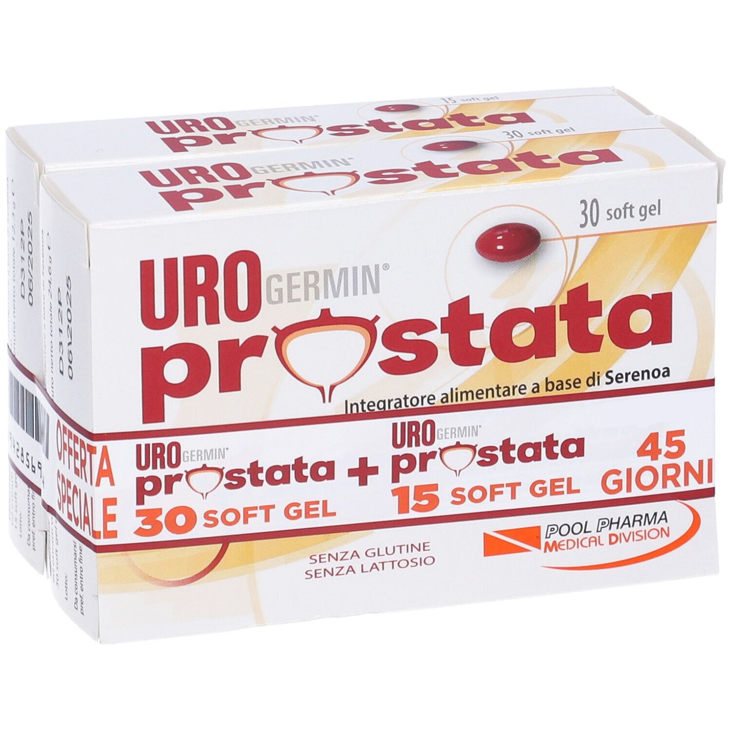 Confezione di Urogermin Prostata con 30 e 15 softgel. Scritto 'Offerta Speciale'. Testo italiano. Scritto: Senza glutine, senza lattosio.