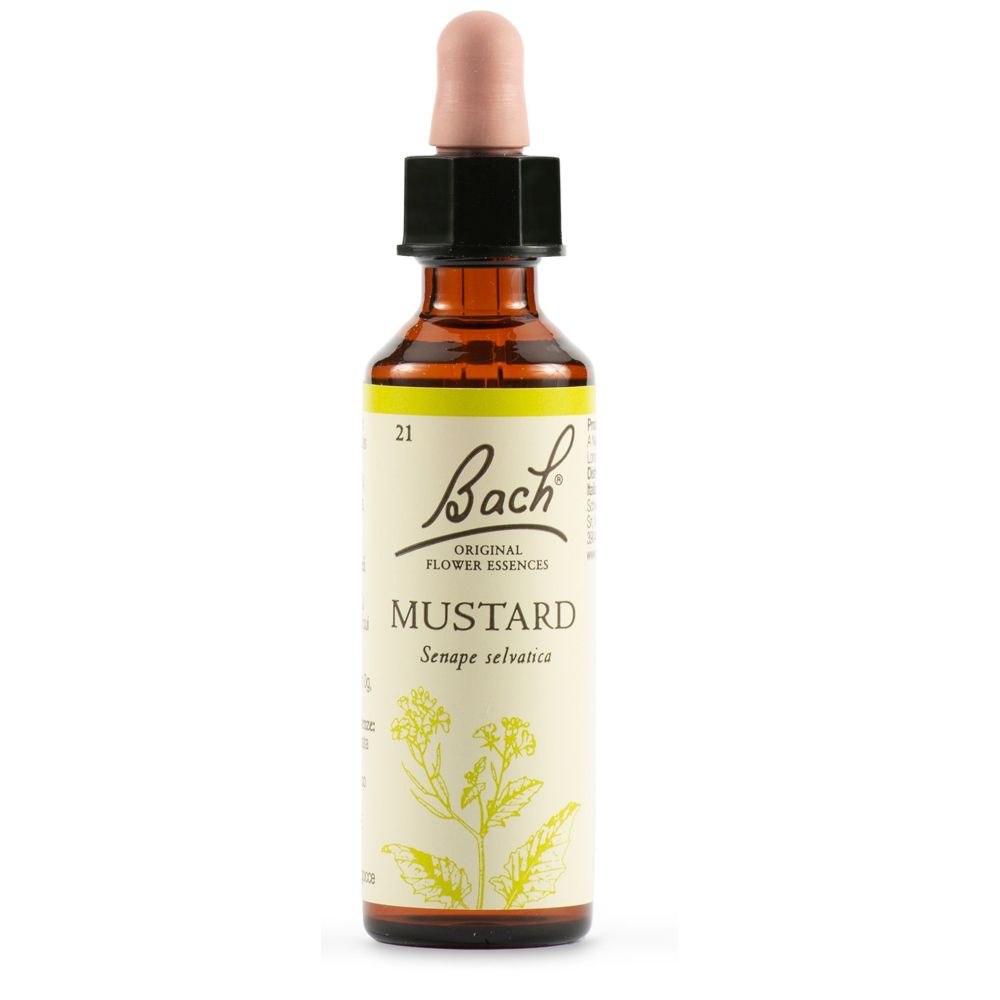 Flacone di vetro marrone con etichetta gialla. Scritta: Bach Original Flower Essences Mustard. Con contagocce.