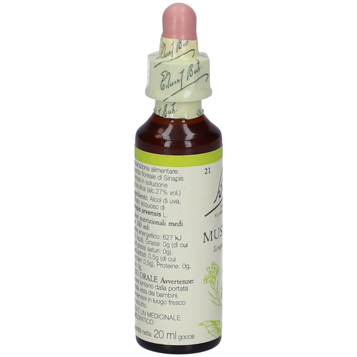Flacone di vetro marrone con etichetta gialla e contagocce. Scritta: Bach Original Flower Essences Mustard. Sigillo.