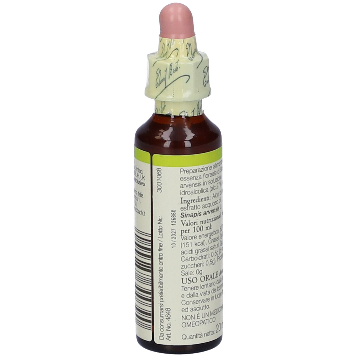 Flacone di vetro marrone con etichetta gialla e contagocce. Scritta: Bach Original Flower Essences Mustard. Sigillo.