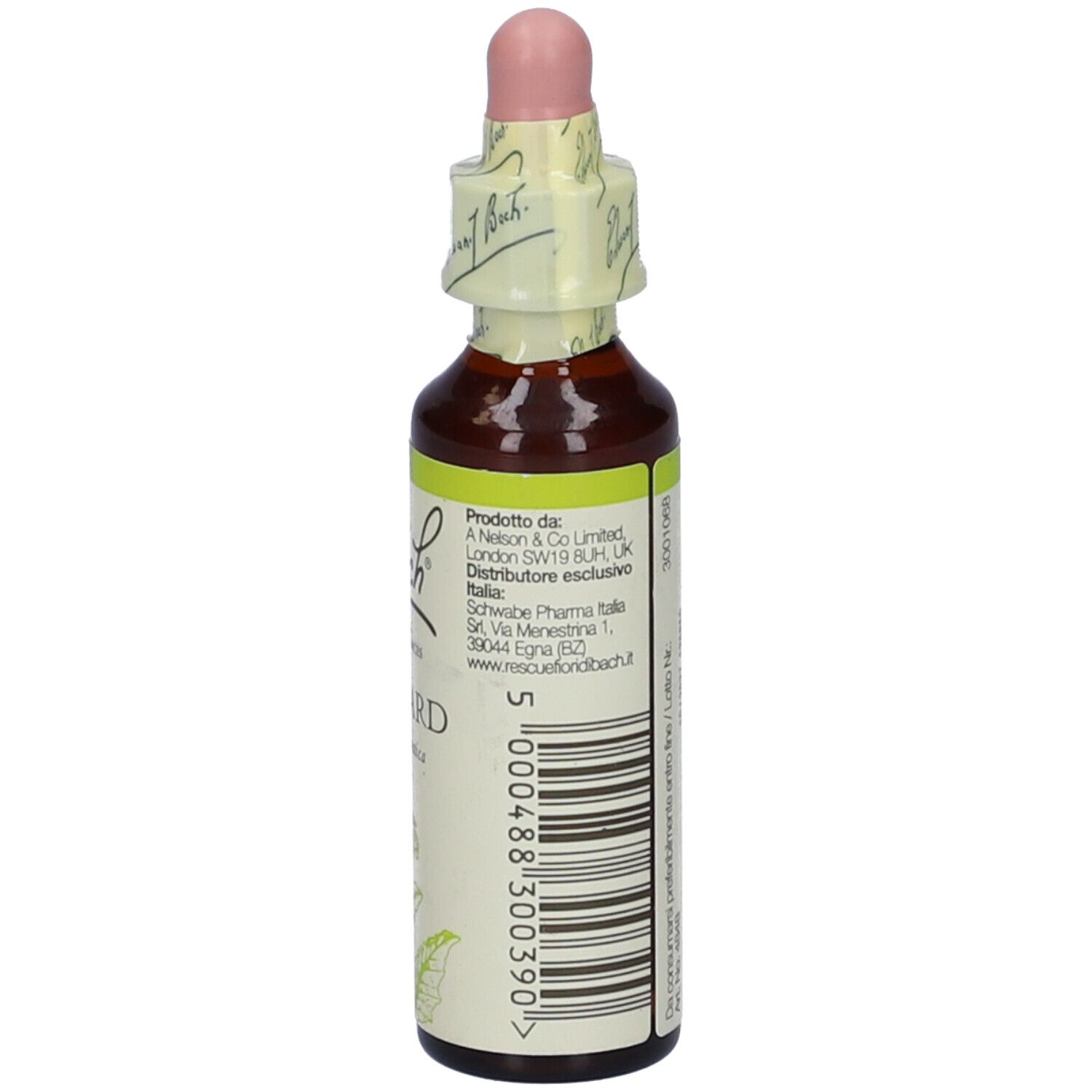 Flacone di vetro marrone con etichetta gialla e contagocce. Scritta: Bach Original Flower Essences Mustard. Sigillo.