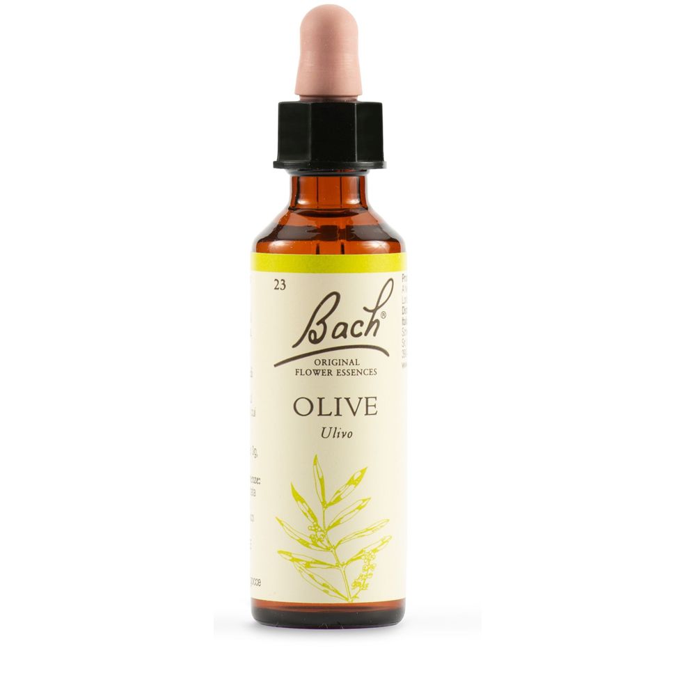 Flacone di vetro marrone con contagocce. Etichetta con "Bach" e "OLIVE".