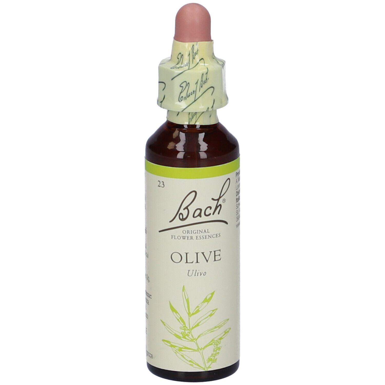 Flacone marrone con contagocce. Etichetta con "Bach", "OLIVE" e motivo floreale.