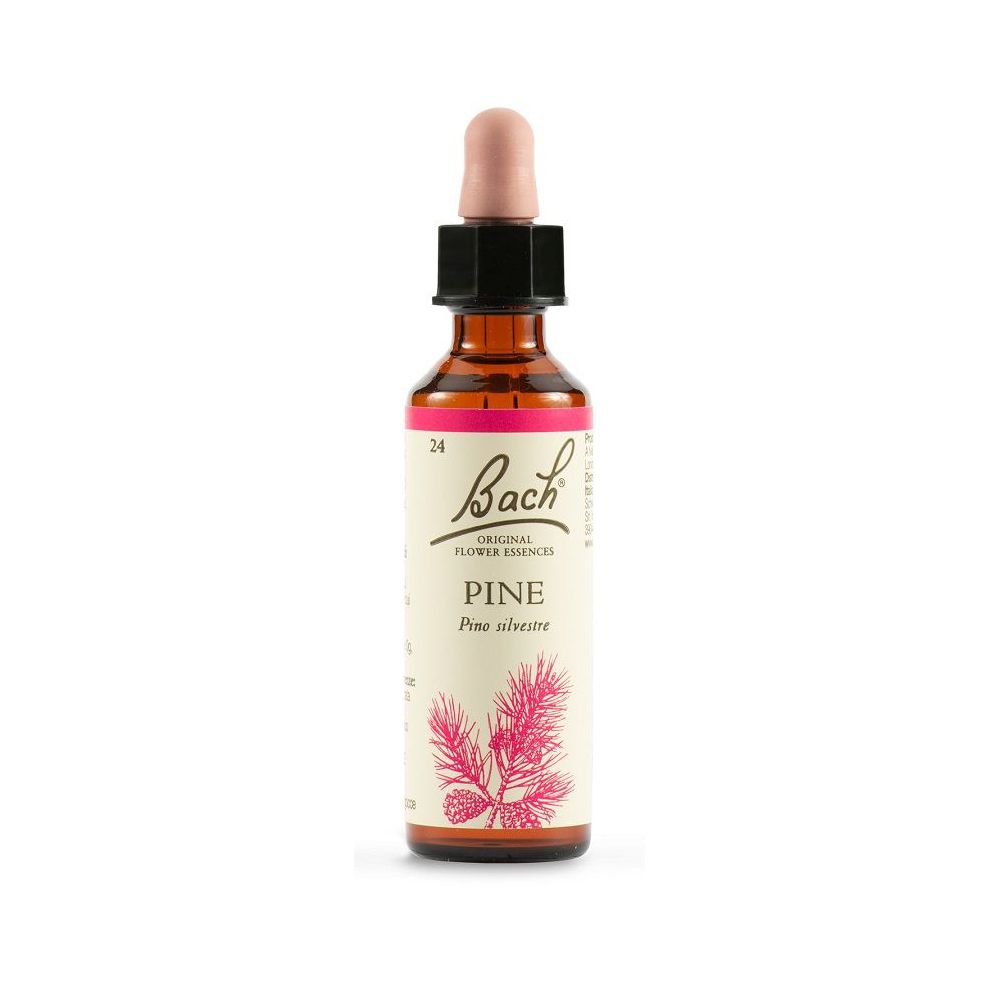 Flacone di vetro marrone con etichetta rosa. Scritta: Bach Original Flower Essences Pine. Con contagocce.