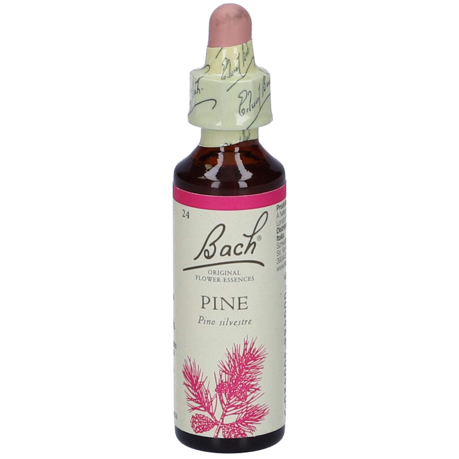 Flacone di vetro marrone con etichetta rosa e contagocce. Scritta: Bach Original Flower Essences Pine. Con sigillo.