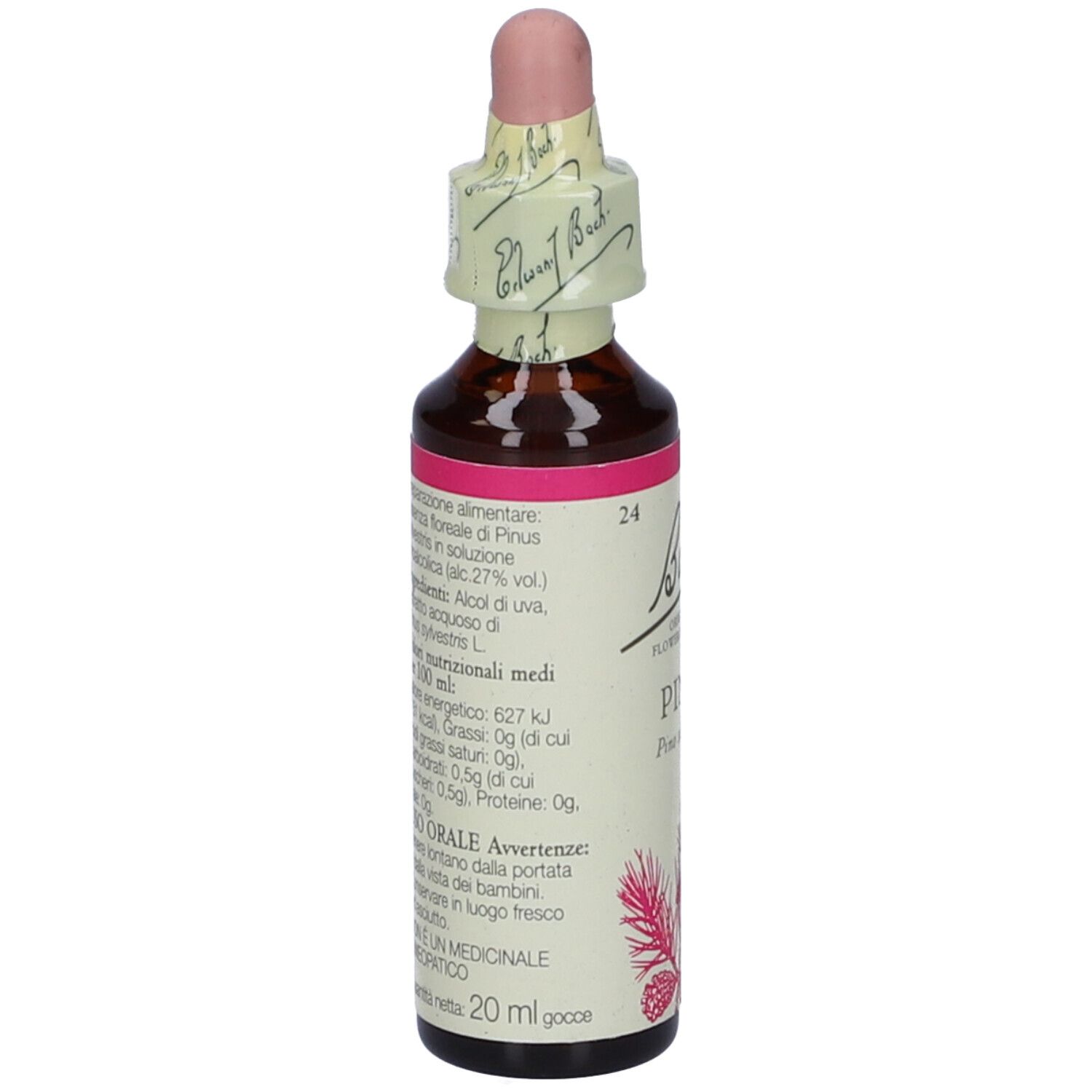 Flacone di vetro marrone con etichetta rosa e contagocce. Scritta: Bach Original Flower Essences Pine. Con sigillo.