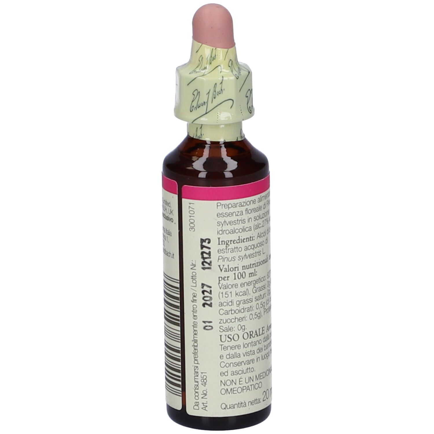 Flacone di vetro marrone con etichetta rosa e contagocce. Scritta: Bach Original Flower Essences Pine. Con sigillo.