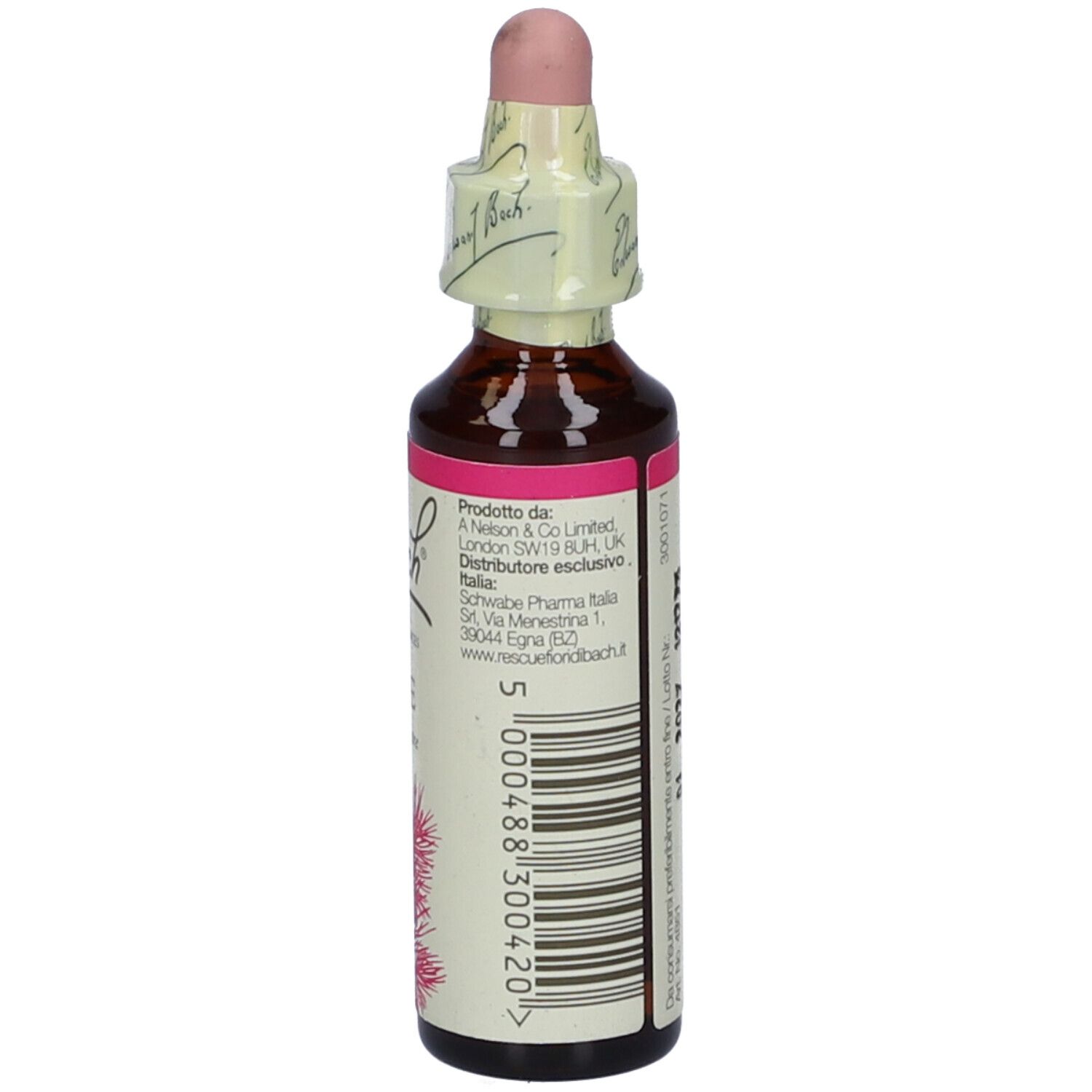 Flacone di vetro marrone con etichetta rosa e contagocce. Scritta: Bach Original Flower Essences Pine. Con sigillo.