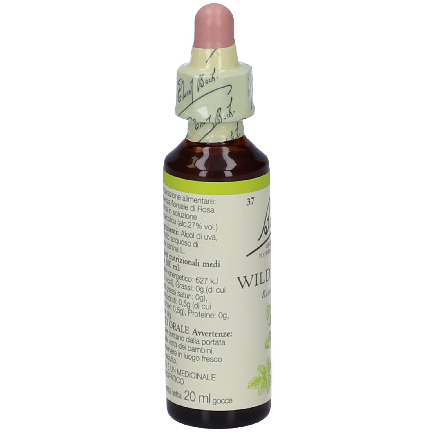 Flacone di vetro marrone con contagocce. Etichetta con "Bach", "Wild Rose" e illustrazione floreale. Dettaglio ingredienti.
