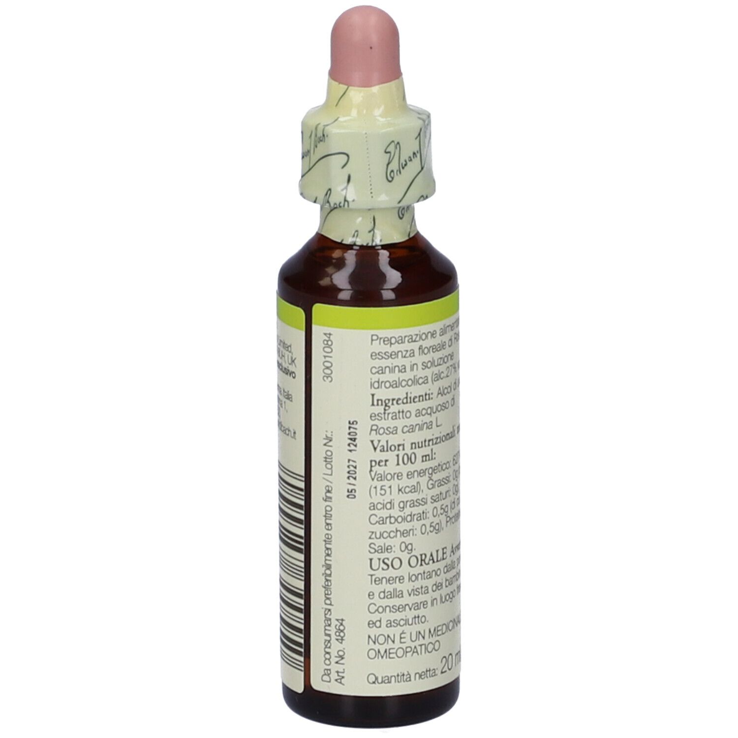 Flacone di vetro marrone con contagocce. Etichetta con "Bach", "Wild Rose" e illustrazione floreale. Dettaglio ingredienti.