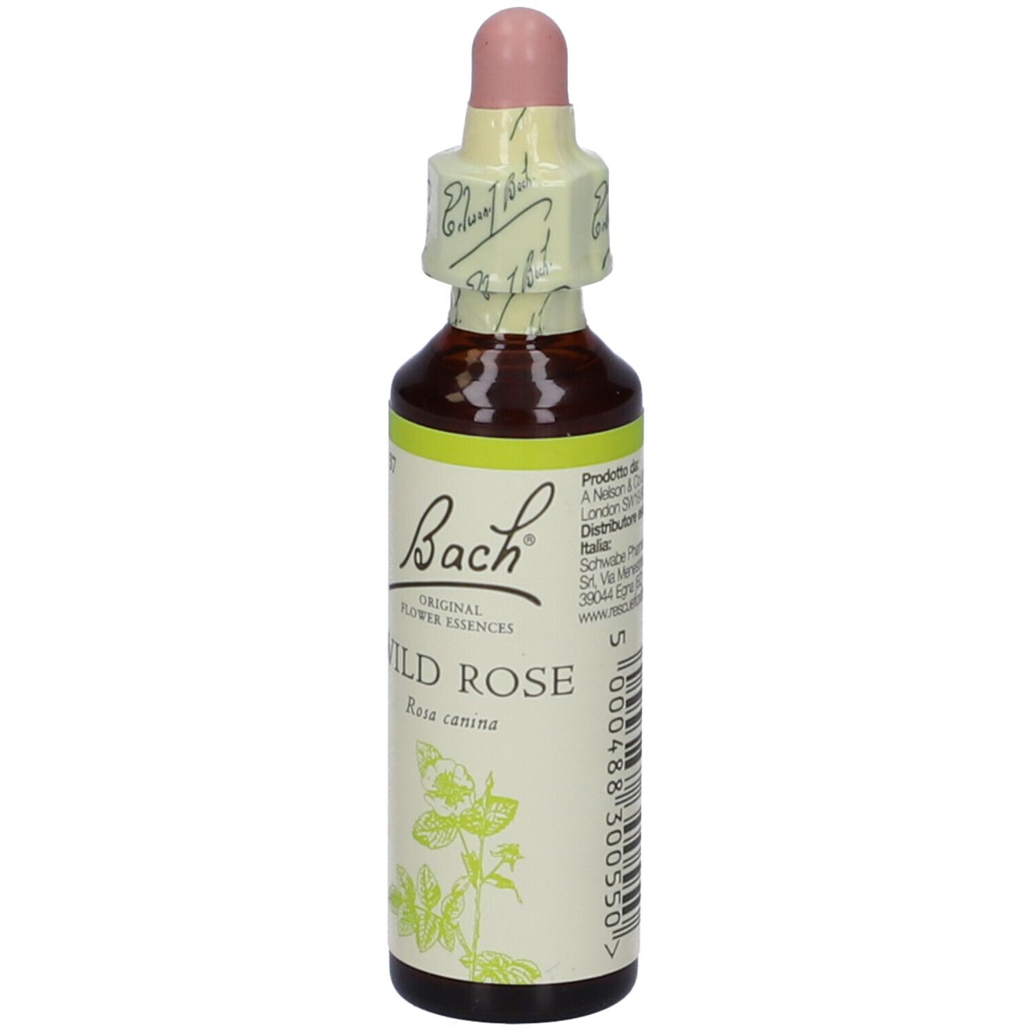 Flacone di vetro marrone con contagocce. Etichetta con "Bach", "Wild Rose" e illustrazione floreale. Dettaglio ingredienti.