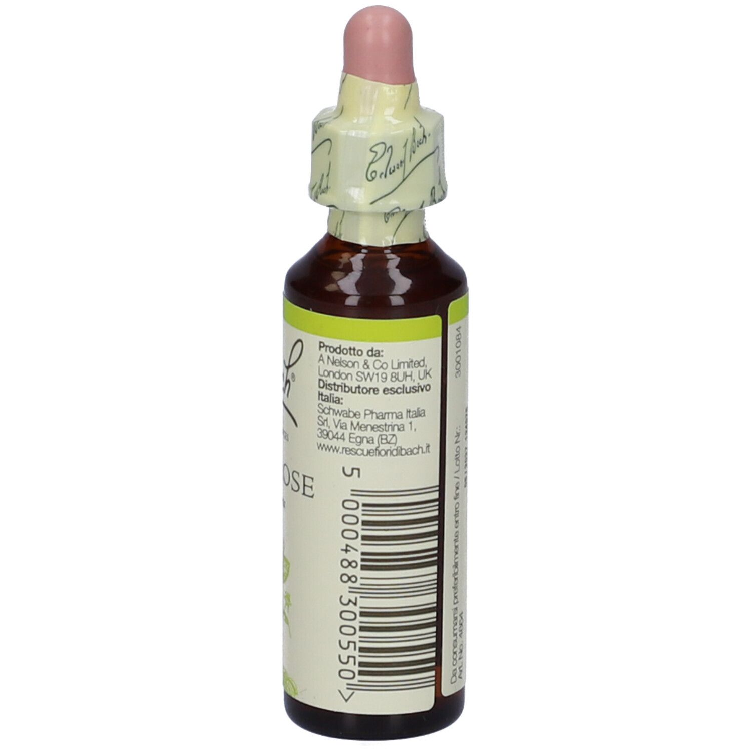 Flacone di vetro marrone con contagocce. Etichetta con "Bach", "Wild Rose" e illustrazione floreale. Dettaglio ingredienti.