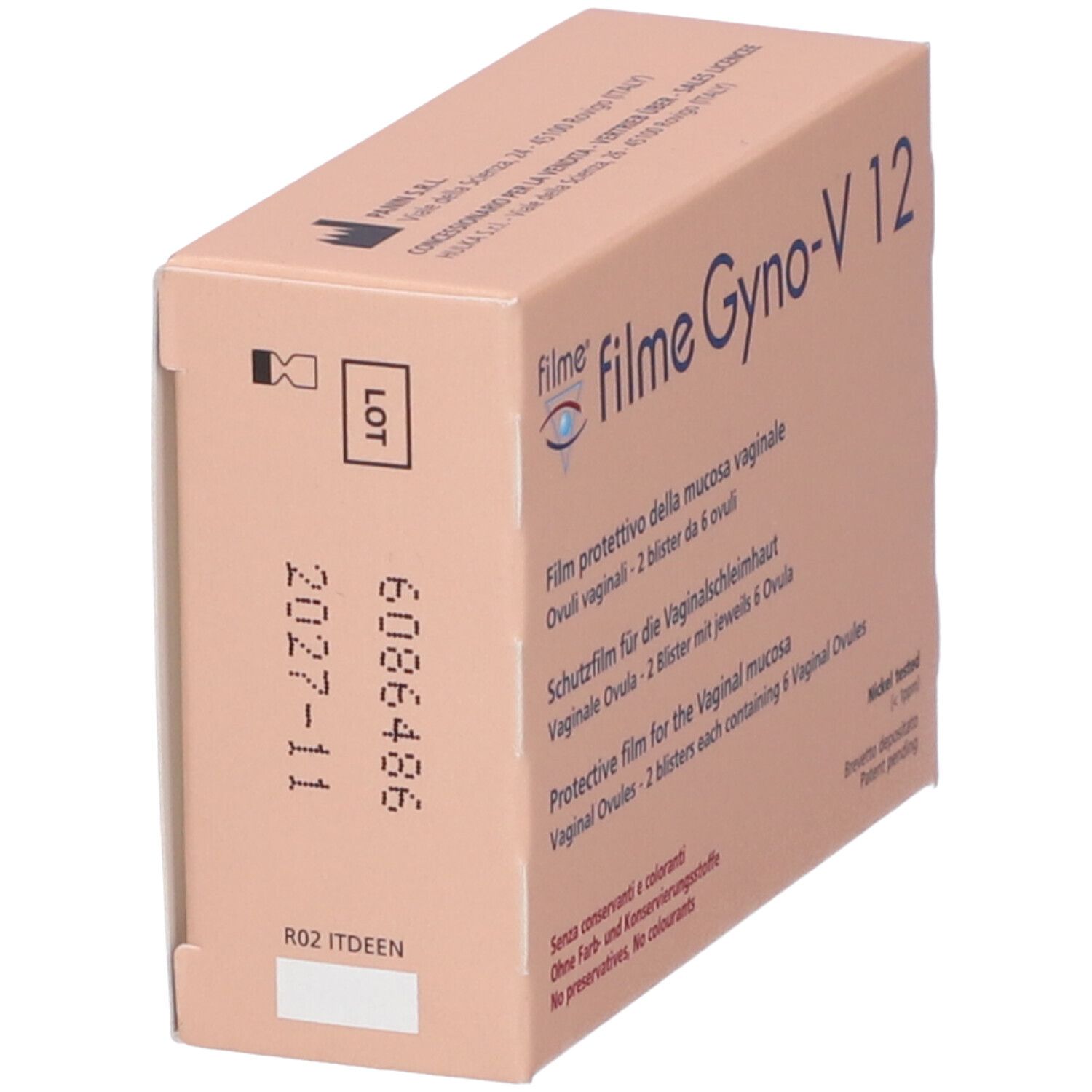 Kartonverpackung von Filme Gyno-V 12 Ovuli. Aufdruck mit Chargennummer und Verfallsdatum. Text in Deutsch, Italienisch und Englisch.