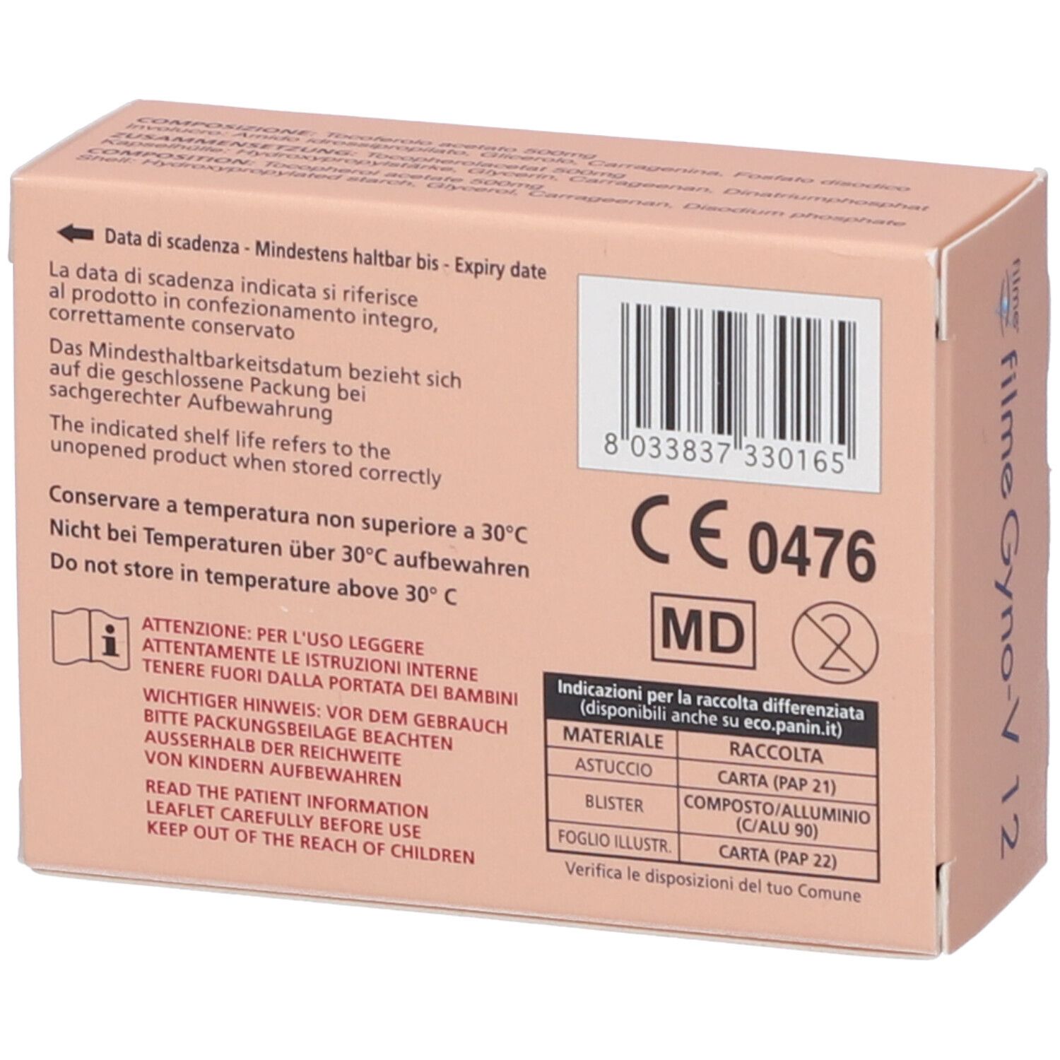 Rückseite der Kartonverpackung von Filme Gyno-V 12 Ovuli. Barcode, CE-Kennzeichnung und Informationen. Text in Deutsch, Italienisch und Englisch.