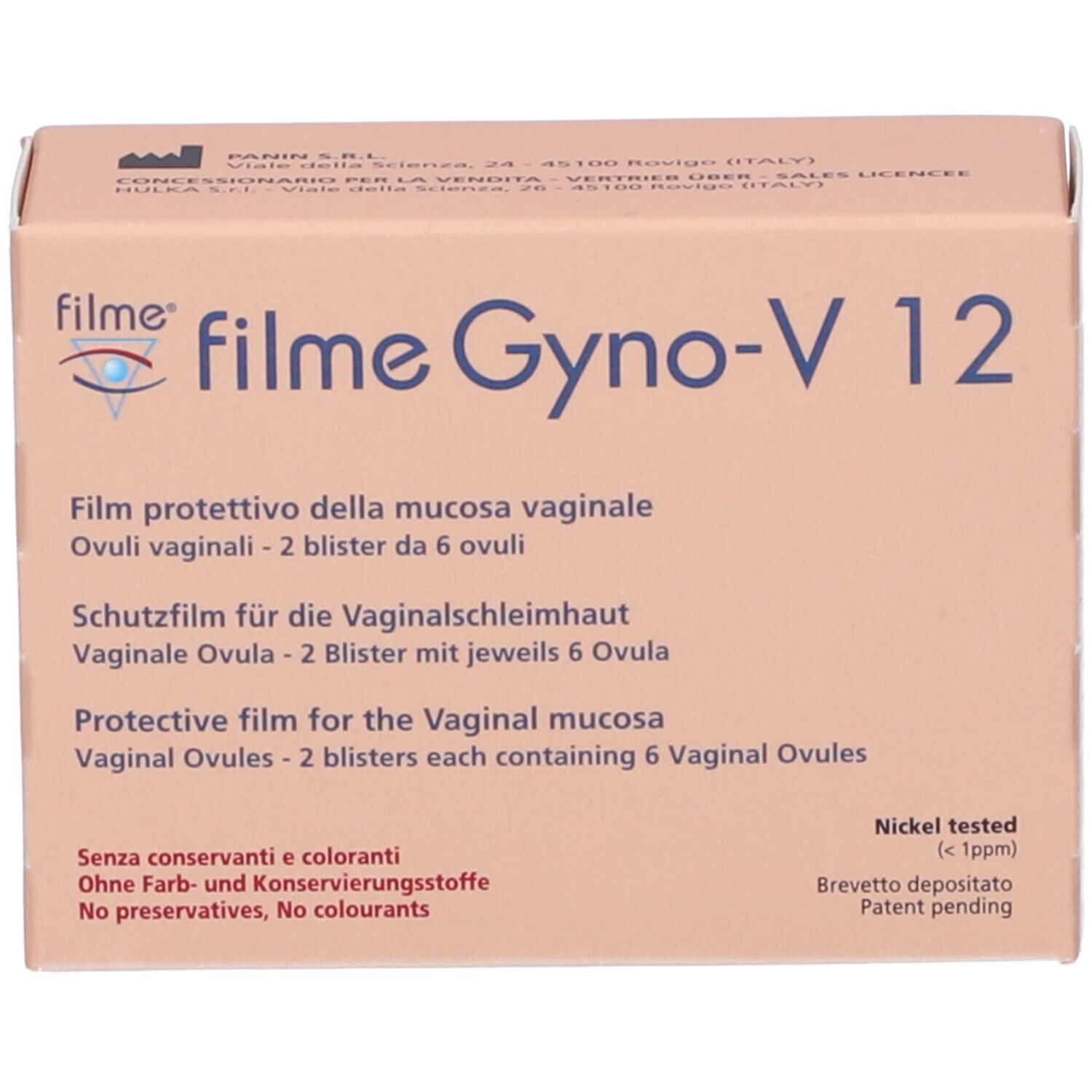 Kartonverpackung von Filme Gyno-V 12 Ovuli. Aufschrift: Filme Gyno-V 12. Enthält 12 Vaginalovula. Text in Deutsch, Italienisch und Englisch.