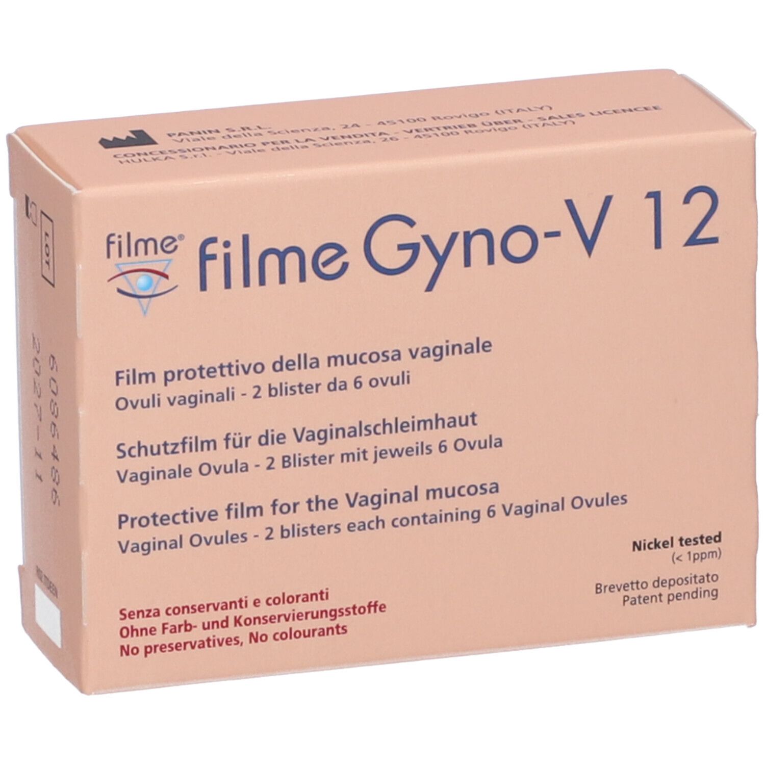Kartonverpackung von Filme Gyno-V 12 Ovuli. Aufschrift: Filme Gyno-V 12. Enthält 12 Vaginalovula. Text in Deutsch, Italienisch und Englisch.