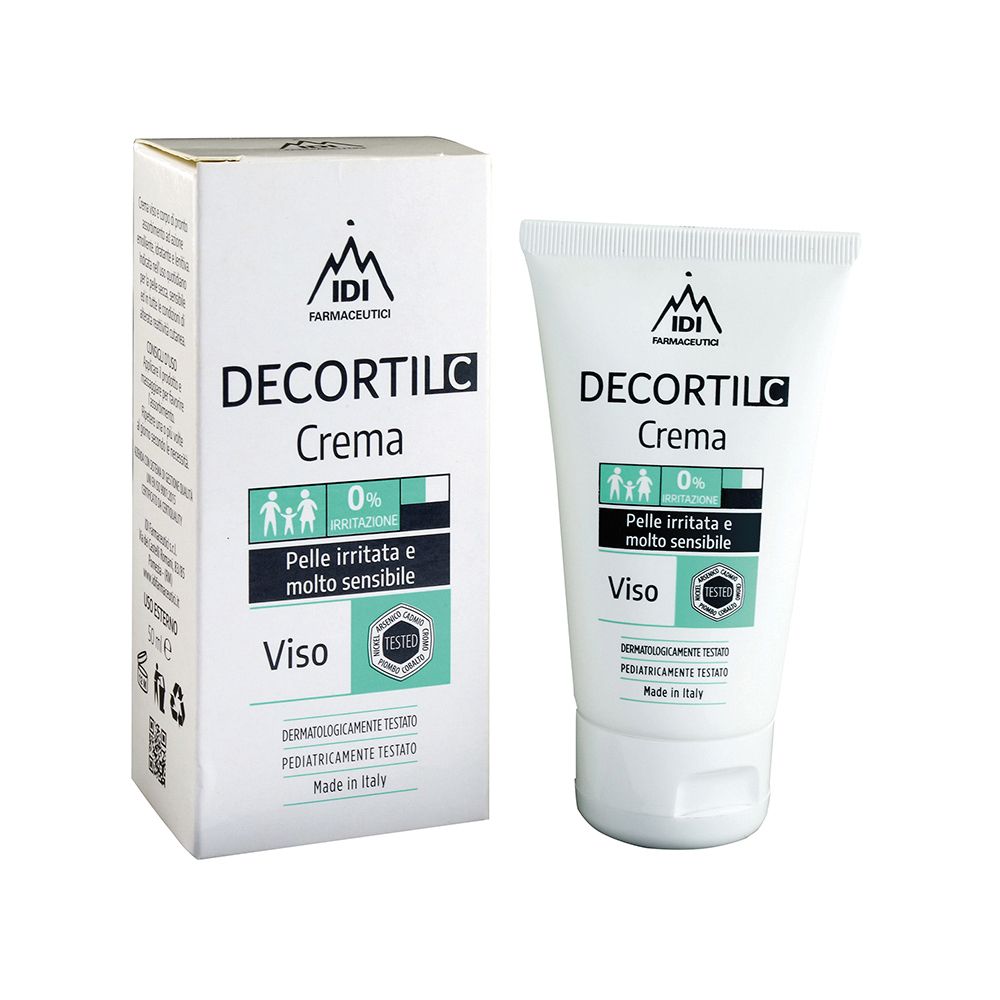 Tubo e scatola bianchi con scritta DECORTIL C Crema. Testo: Pelli irritate e molto sensibile, Viso. Testato.