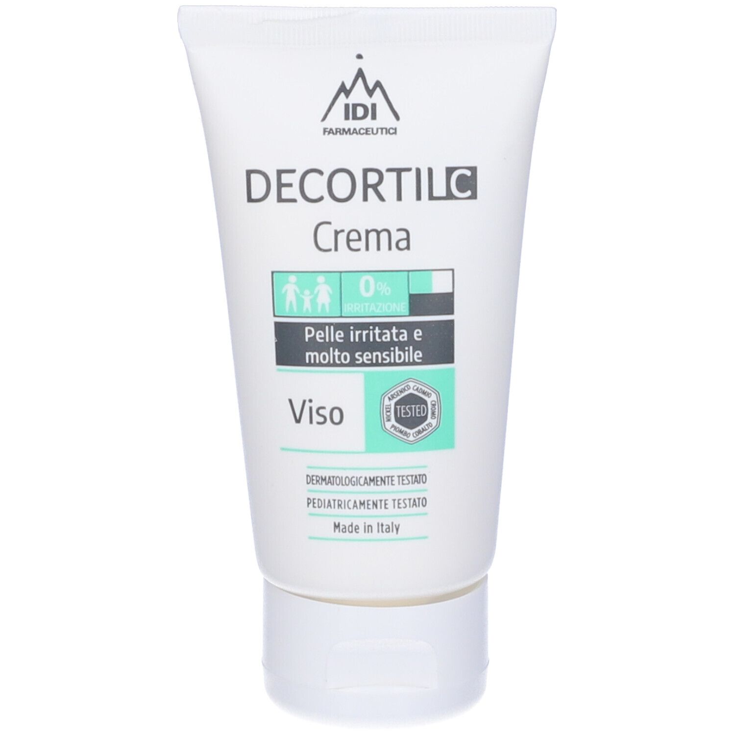 Tubo bianco con scritta DECORTIL C Crema. Testo: Pelli irritate e molto sensibile, Viso. Testato. Tappo bianco.