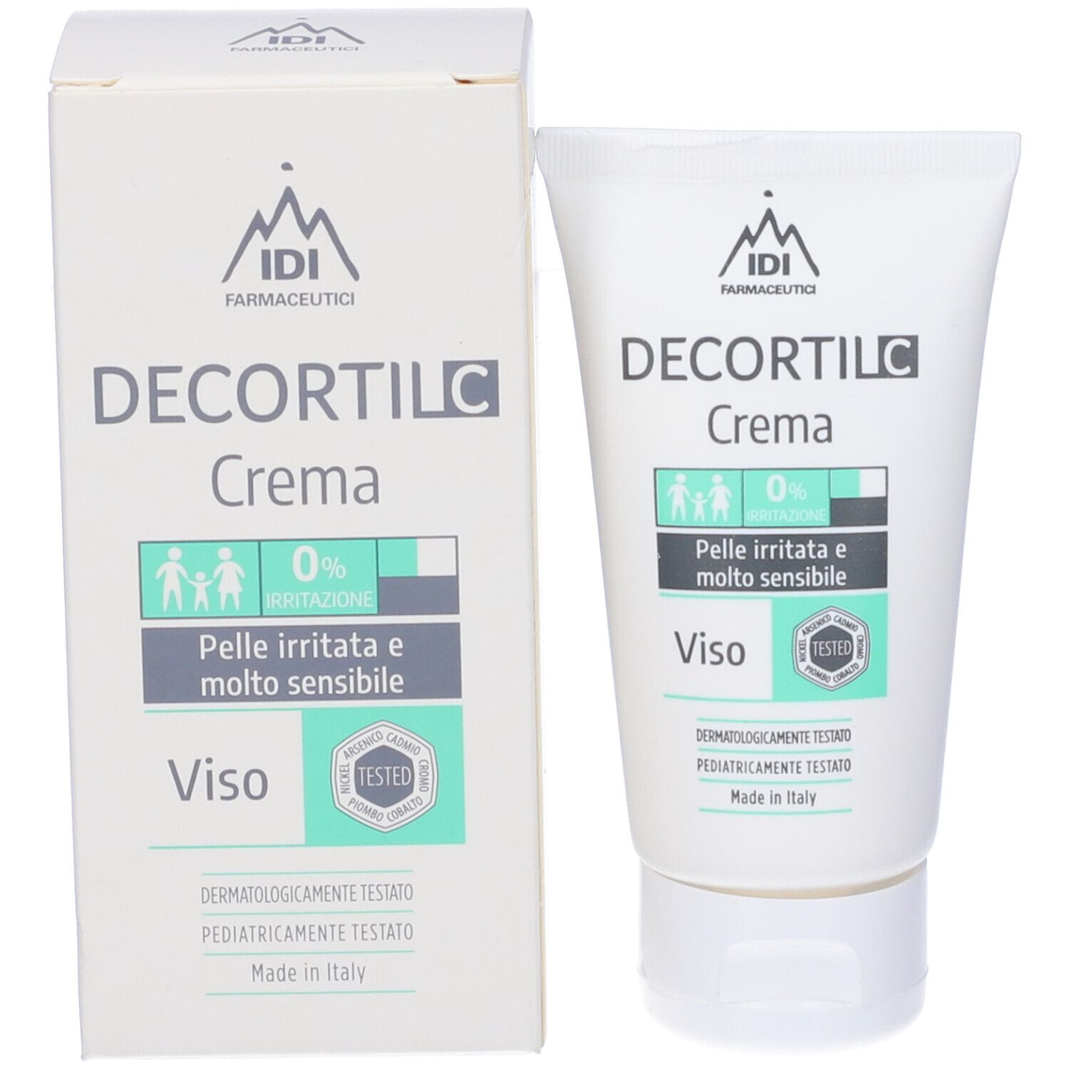Tubo e scatola bianchi con DECORTIL C Crema. Testo: Pelli irritate e molto sensibile, Viso. Testato. Logo IDI Farmaceutici.