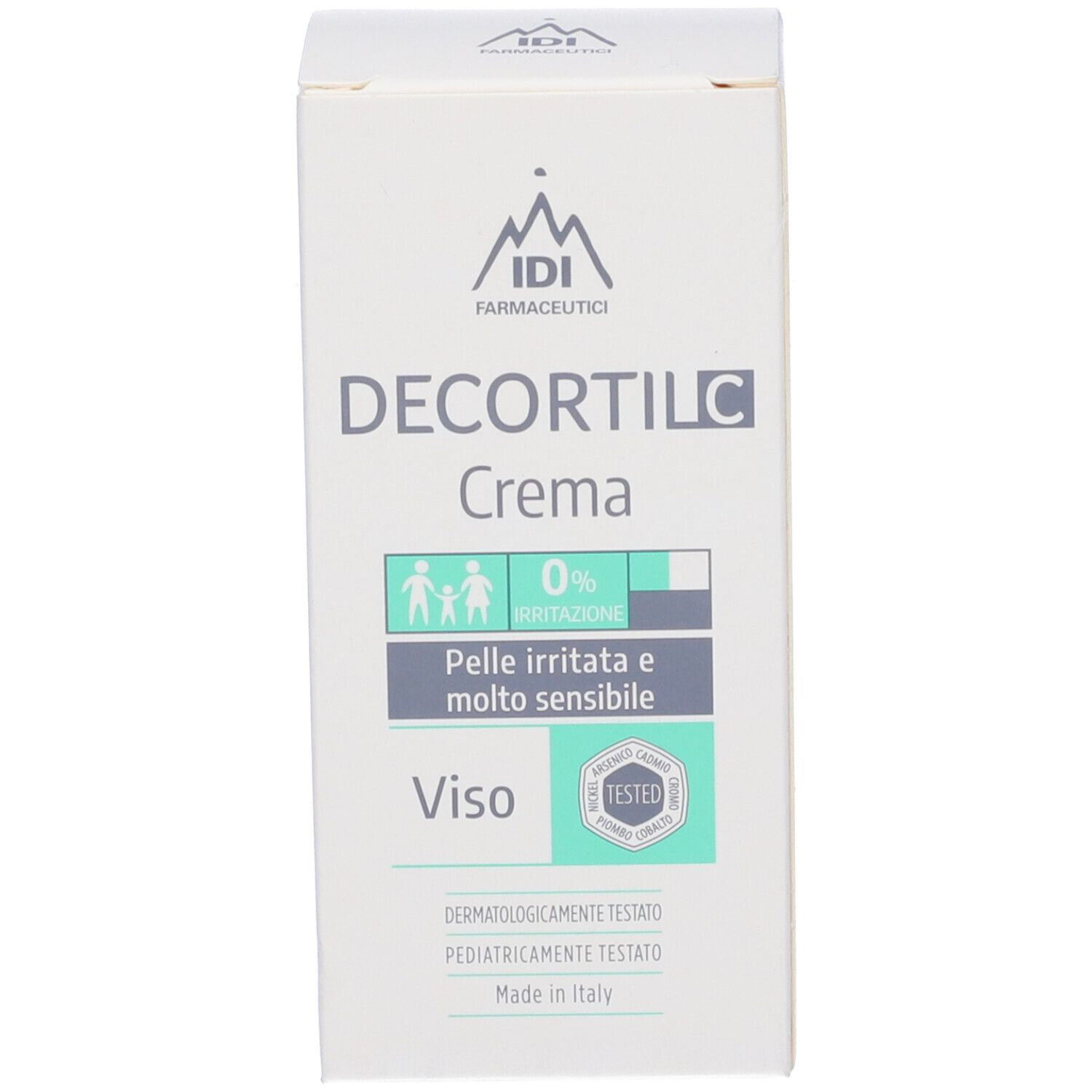 Scatola bianca con DECORTIL C Crema. Testo: Pelli irritate e molto sensibile, Viso. Testato. Logo IDI Farmaceutici.