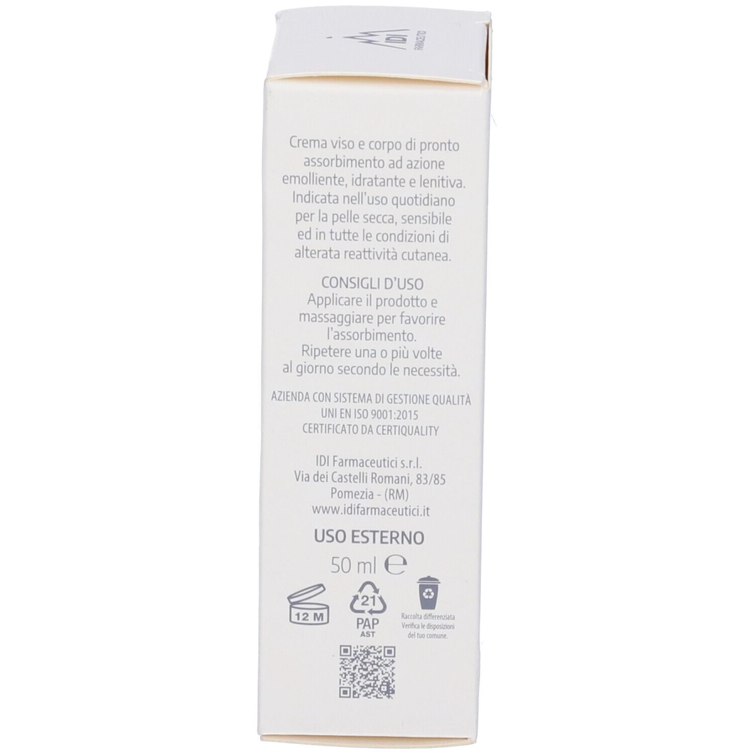 Retro della scatola bianca con testo. Testo: Creme viso e corpo, 50 ml. Simboli di riciclaggio. Simbolo 12M.