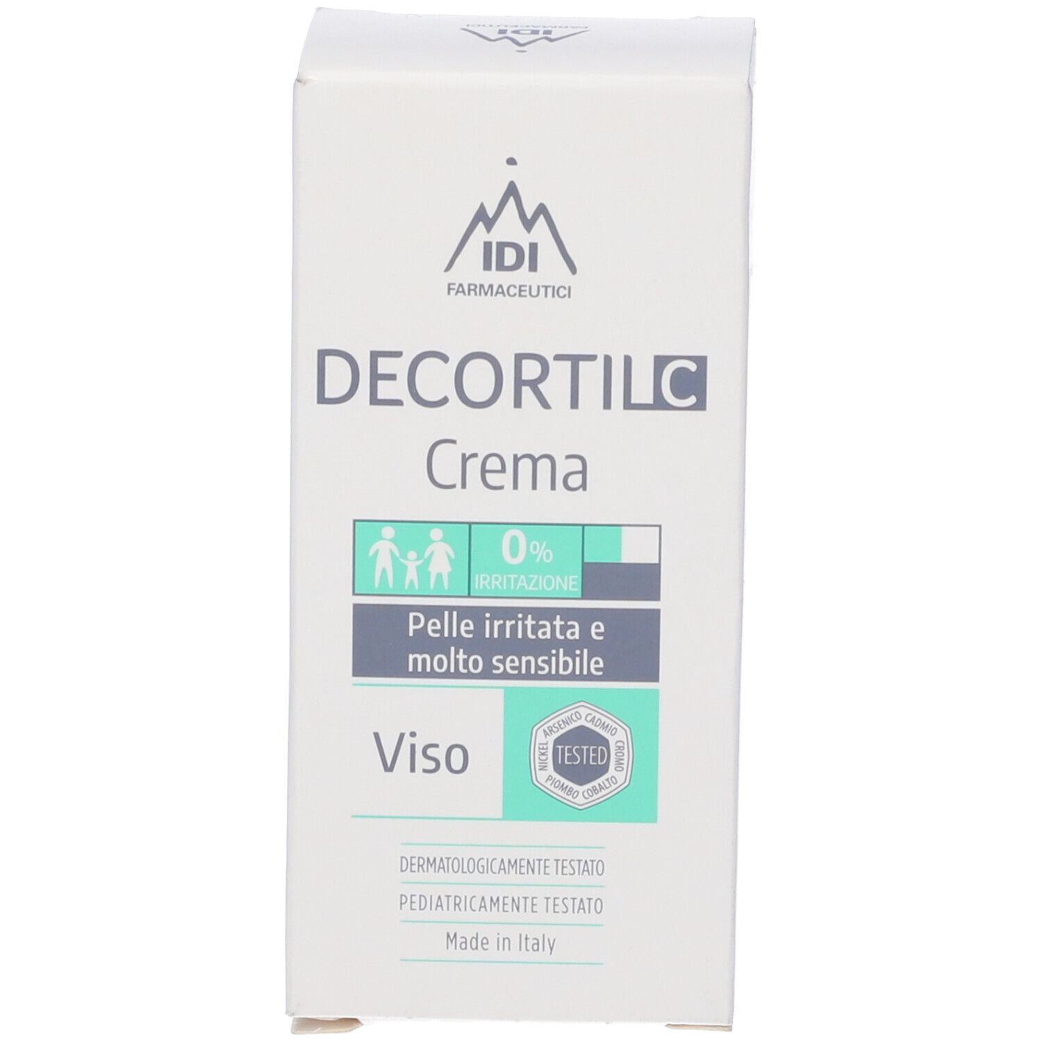 Scatola bianca con DECORTIL C Crema. Testo: Pelli irritate e molto sensibile, Viso. Testato. Logo IDI Farmaceutici.