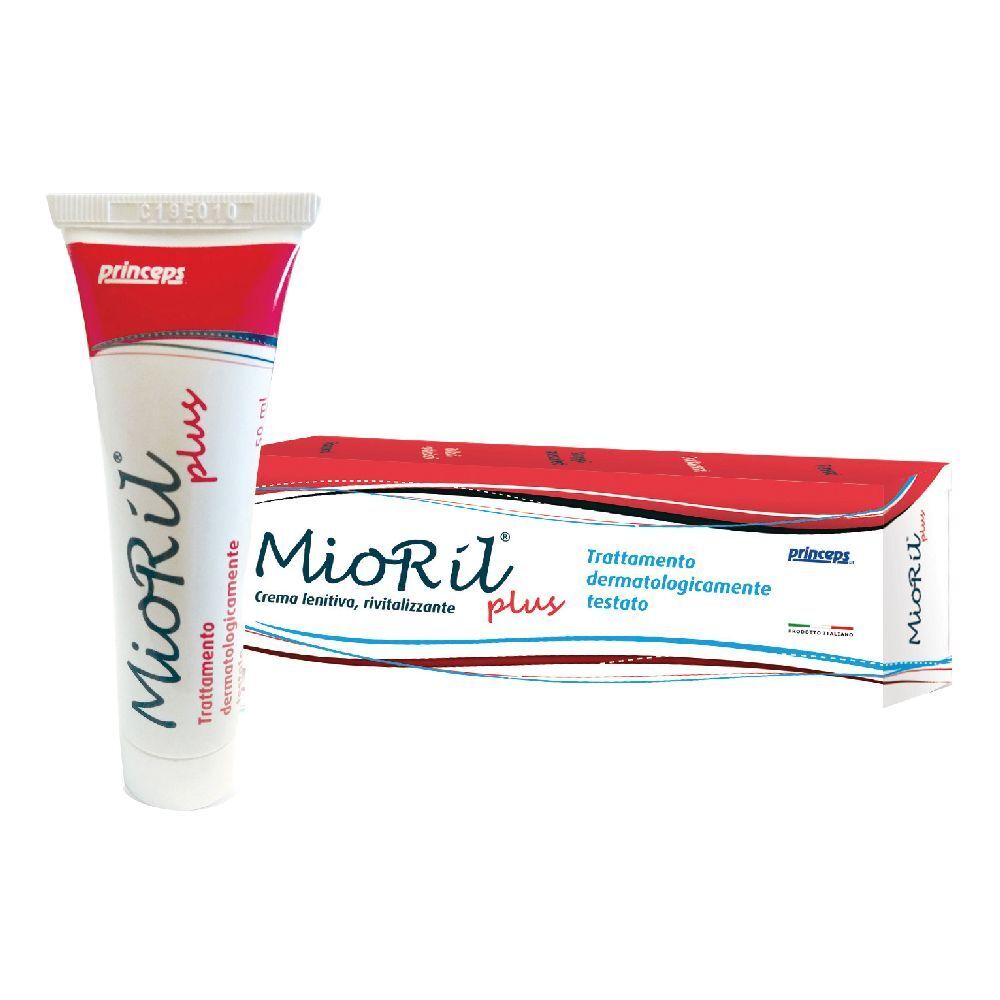 Tubo e scatola Mioril plus. Testo: Crema lenitiva, rivitalizzante, Trattamento dermatologicamente testato. Marchio Prinseps.