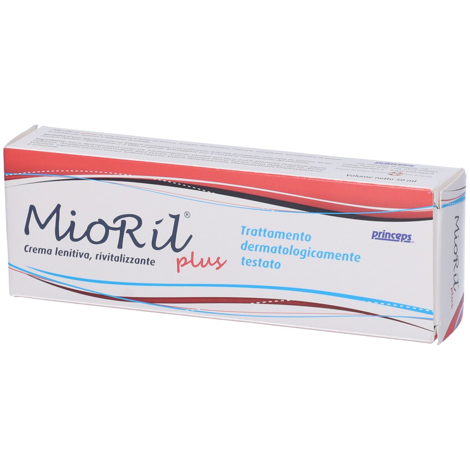 Scatola Mioril plus. Testo: Crema lenitiva, rivitalizzante, Trattamento dermatologicamente testato. Marchio Prinseps.