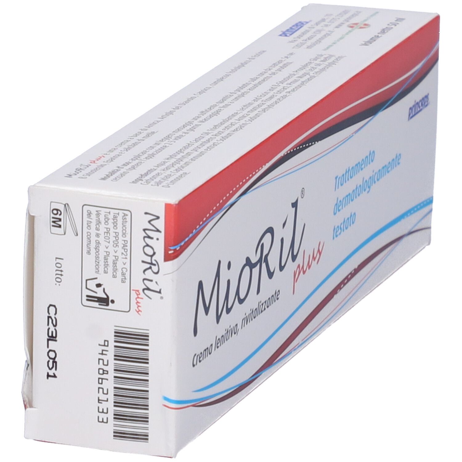 Scatola Mioril plus. Testo: Crema lenitiva, rivitalizzante, Trattamento dermatologicamente testato. Marchio Prinseps. Numero di lotto.