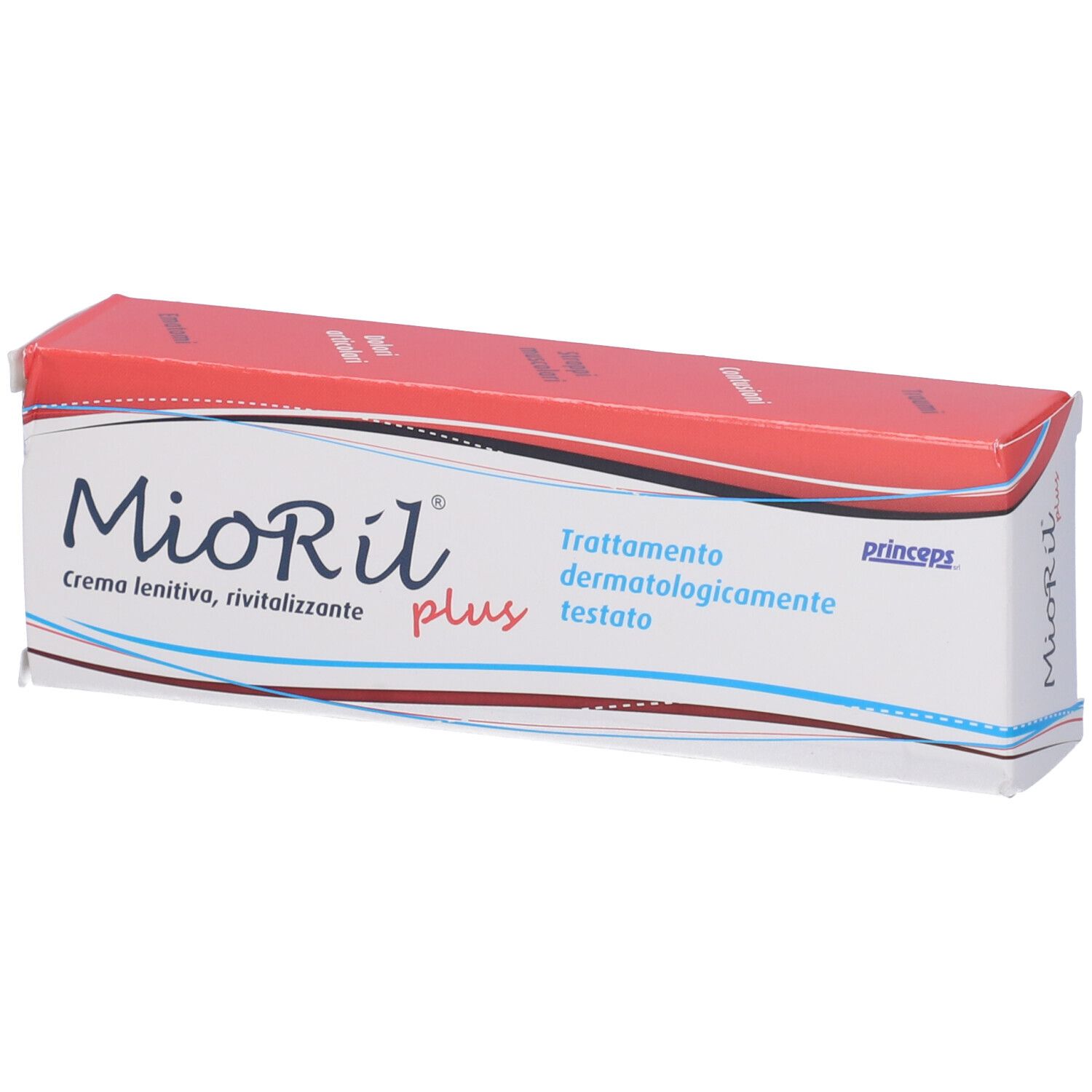 Scatola Mioril plus. Testo: Crema lenitiva, rivitalizzante, Trattamento dermatologicamente testato. Marchio Prinseps.