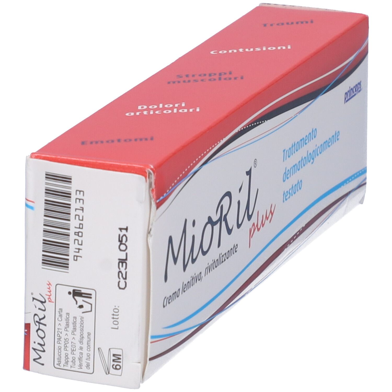 Scatola Mioril plus. Testo: Crema lenitiva, rivitalizzante, Trattamento dermatologicamente testato. Marchio Prinseps. Indicazioni.