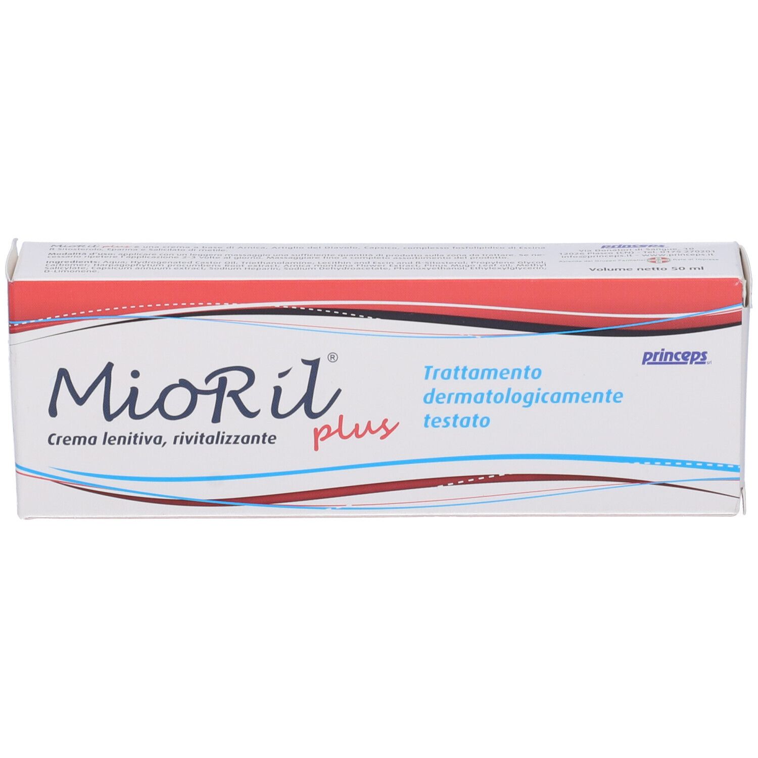 Scatola Mioril plus. Testo: Crema lenitiva, rivitalizzante, Trattamento dermatologicamente testato. Marchio Prinseps.